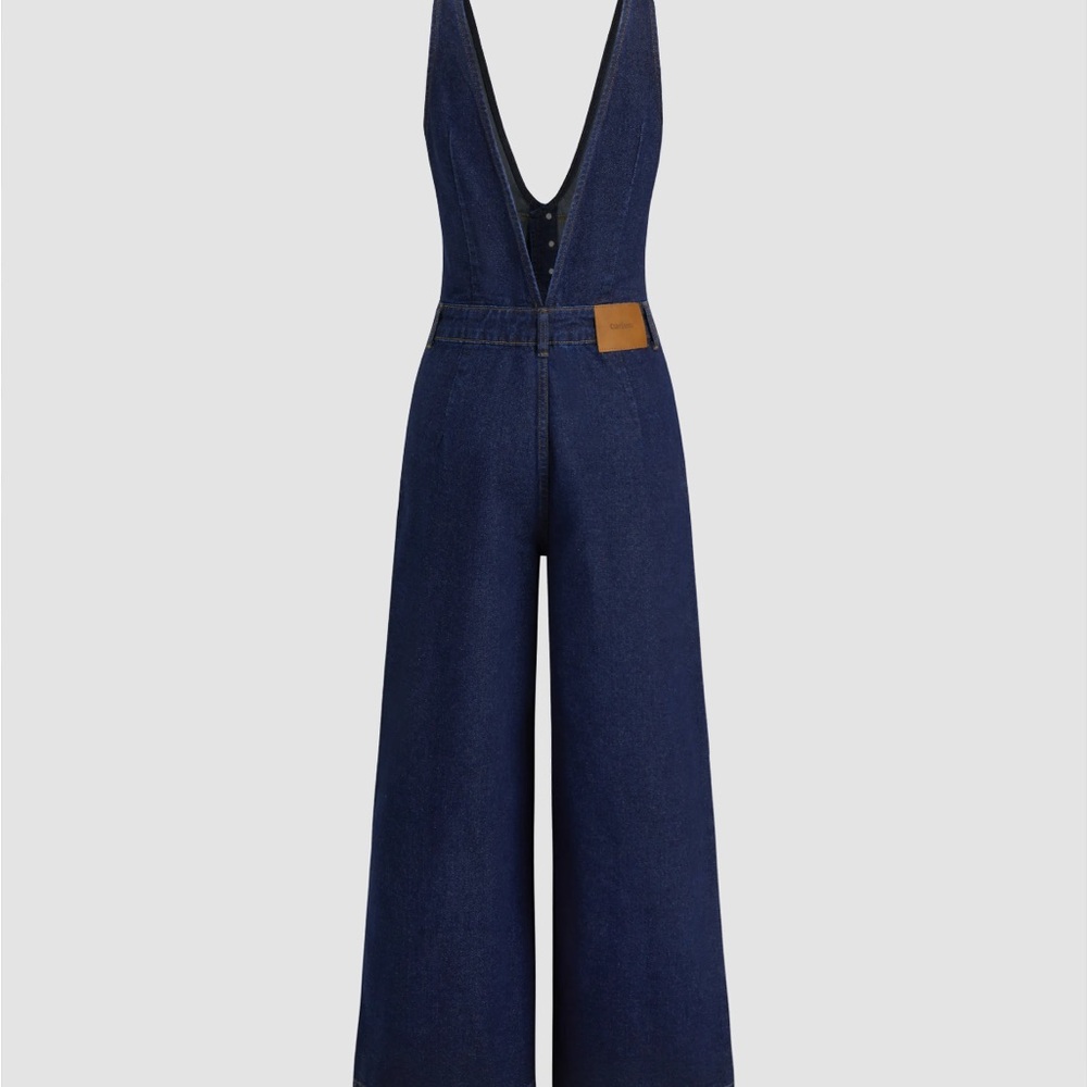Cider Navy Wide-Leg Deep-V Denim Overalls with Tan Patch - Picture 1 of 3